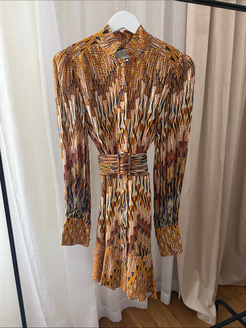 Alexis Multicolor Ikat-Print Long Sleeve Dress in Mustard and Brown
